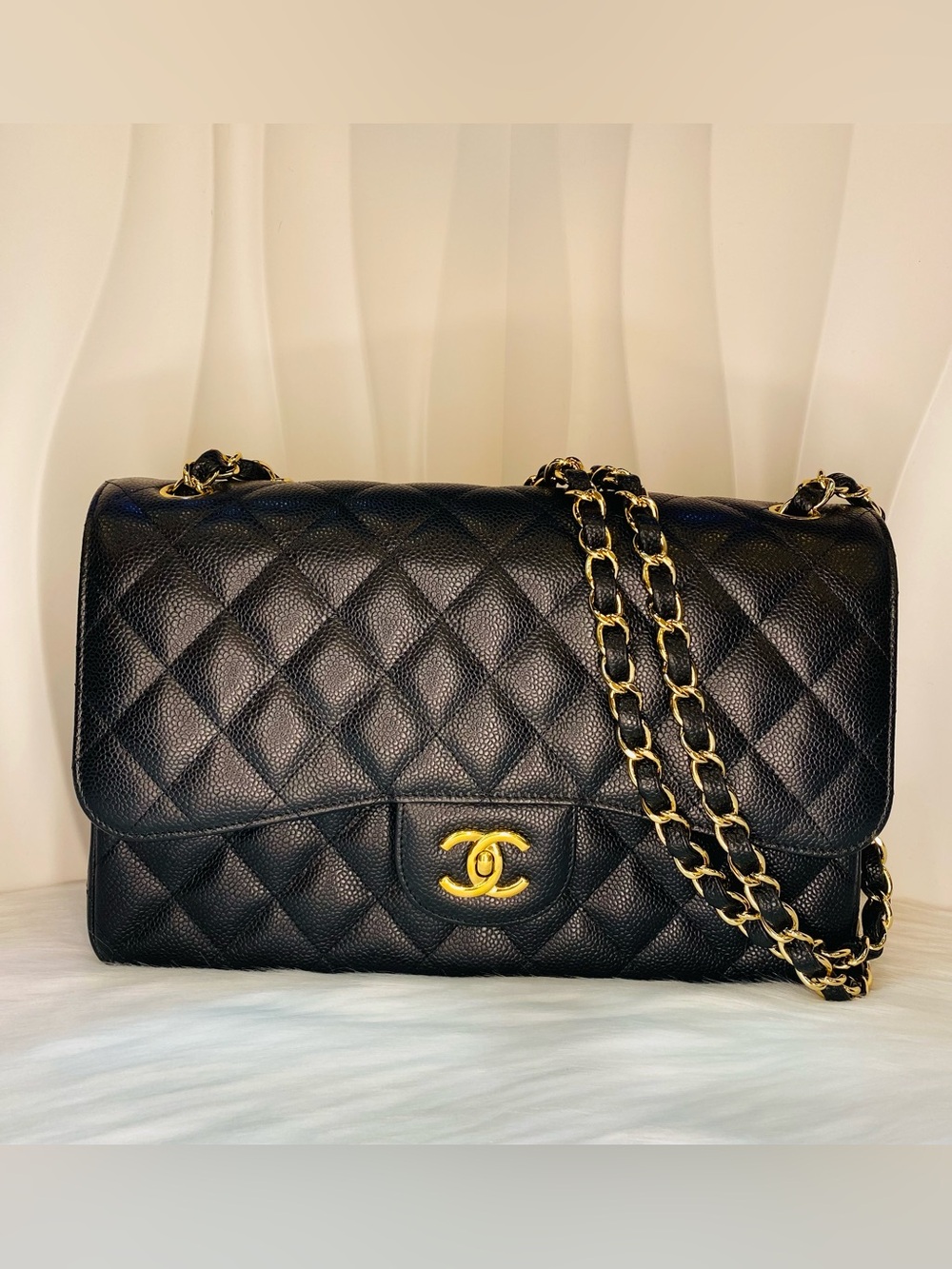 CHANEL Classic Bag Jumbo Black Quilted Shoulder Bag with Gold Chain